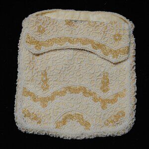 Unusual Vintage Art Deco Gold & White Beaded Purse with Top Handle